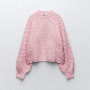 Zara Purl Knit Crop  Wool Alpaca Balloon Sleeve Knit Sweater Light Pink Sz Small